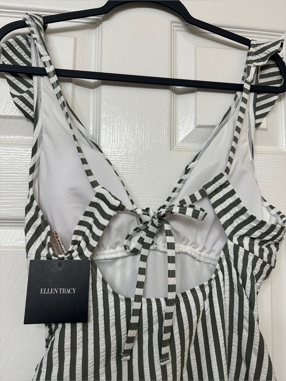Ellen Tracy Swimsuit Olive Green White Striped Ruffle V Neck One-Piece Size 12 - Picture 3 of 8